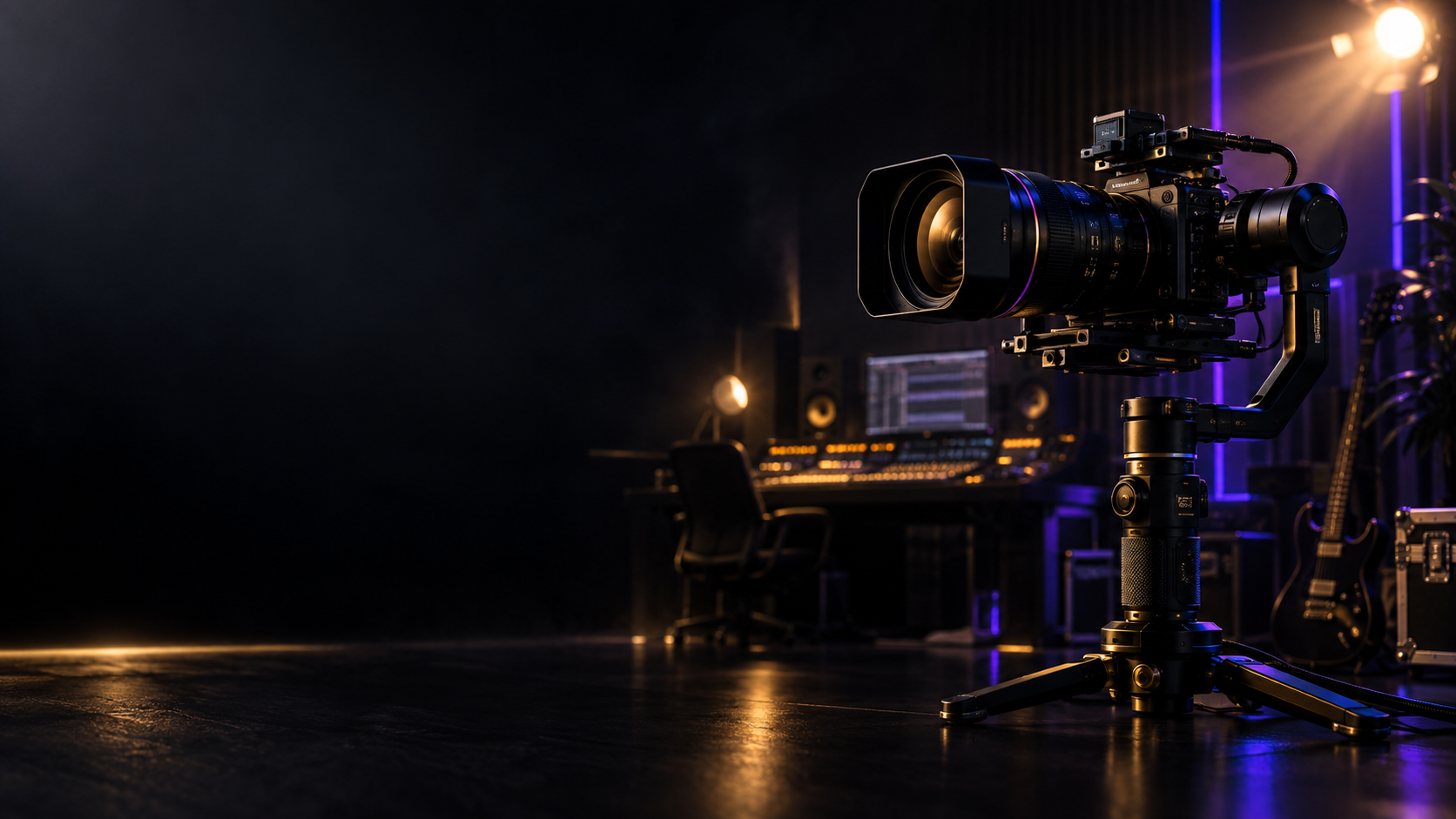 Cinema camera on a gimbal in a dark creative studio
